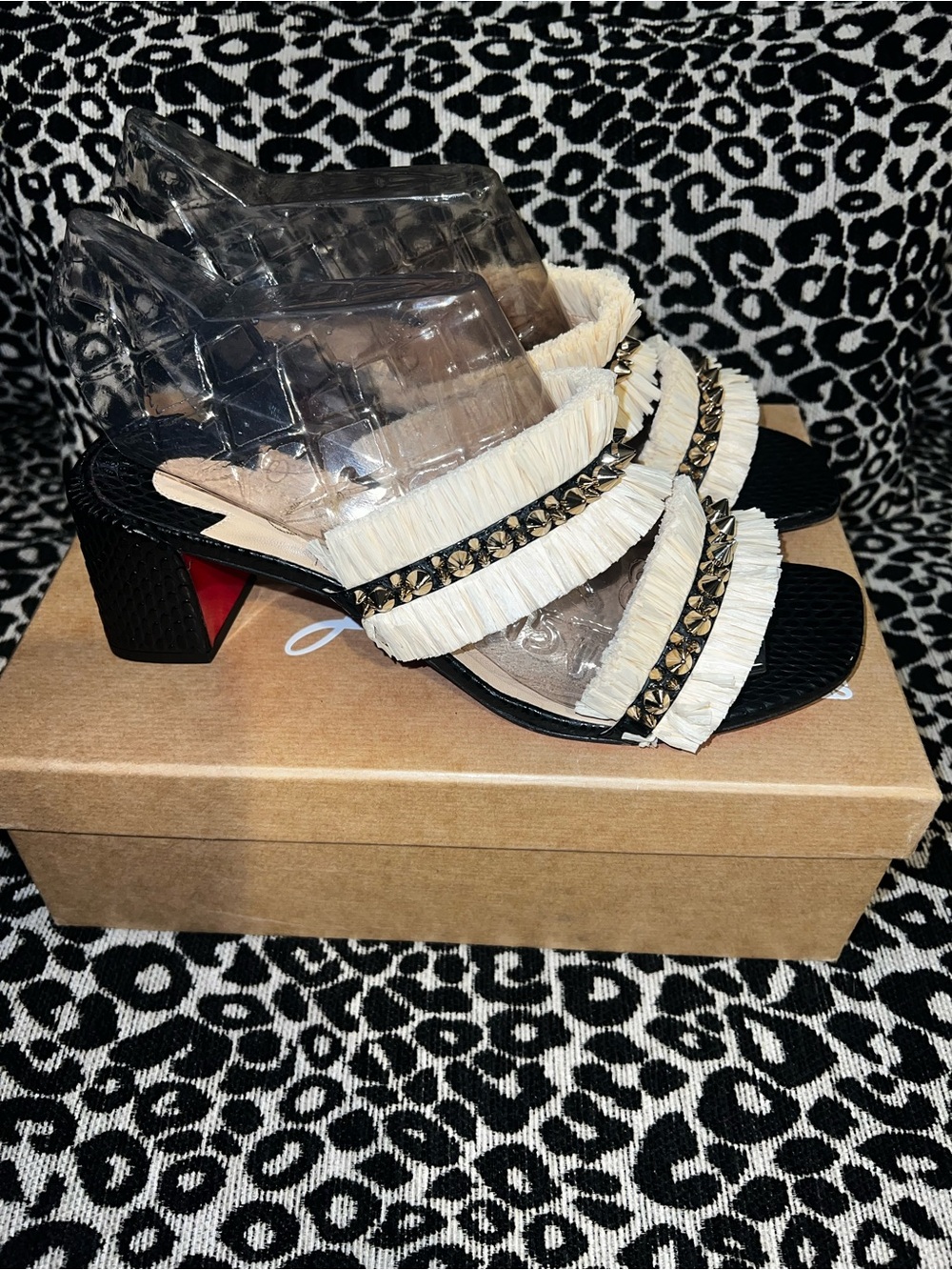 Christian Louboutin Black Raffia-Trim Slide Mules with Stud Accents
